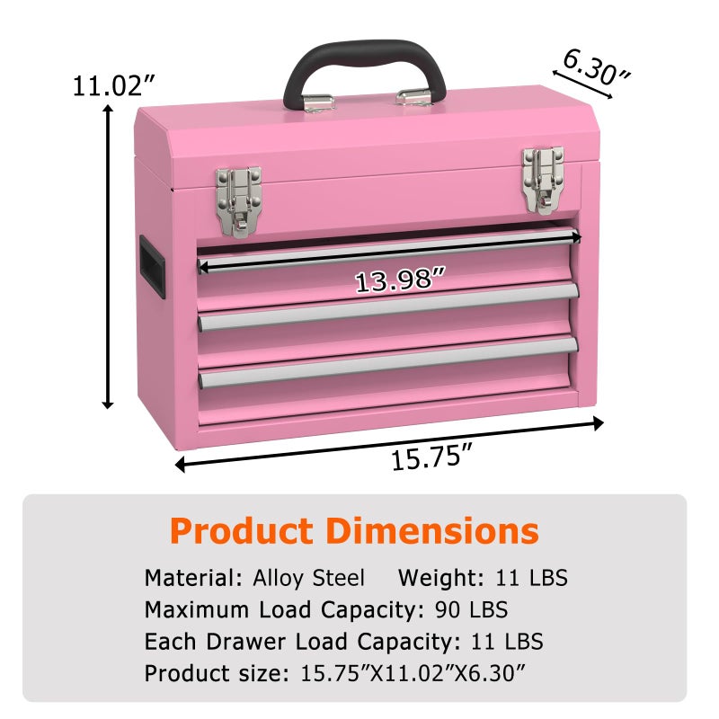 SGHATAJ Portable Metal Tool Box with Drawers, Latches Tool Box with EVC Liners, Heavy Duty Tool Chest with Powder Coating for Garage, Office and Home (Pink) - Image 2