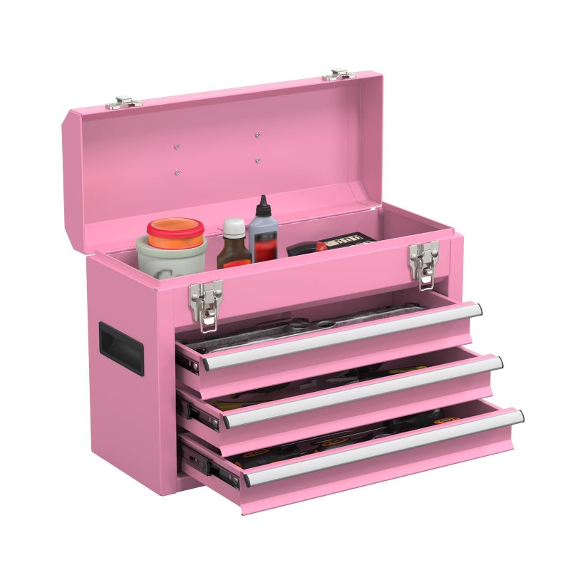 SGHATAJ Portable Metal Tool Box with Drawers, Latches Tool Box with EVC Liners, Heavy Duty Tool Chest with Powder Coating for Garage, Office and Home (Pink) - Image 1