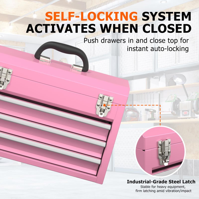 SGHATAJ Portable Metal Tool Box with Drawers, Latches Tool Box with EVC Liners, Heavy Duty Tool Chest with Powder Coating for Garage, Office and Home (Pink) - Image 4