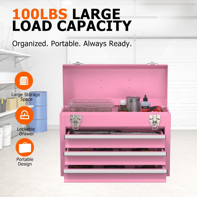 SGHATAJ Portable Metal Tool Box with Drawers, Latches Tool Box with EVC Liners, Heavy Duty Tool Chest with Powder Coating for Garage, Office and Home (Pink) - Image 3
