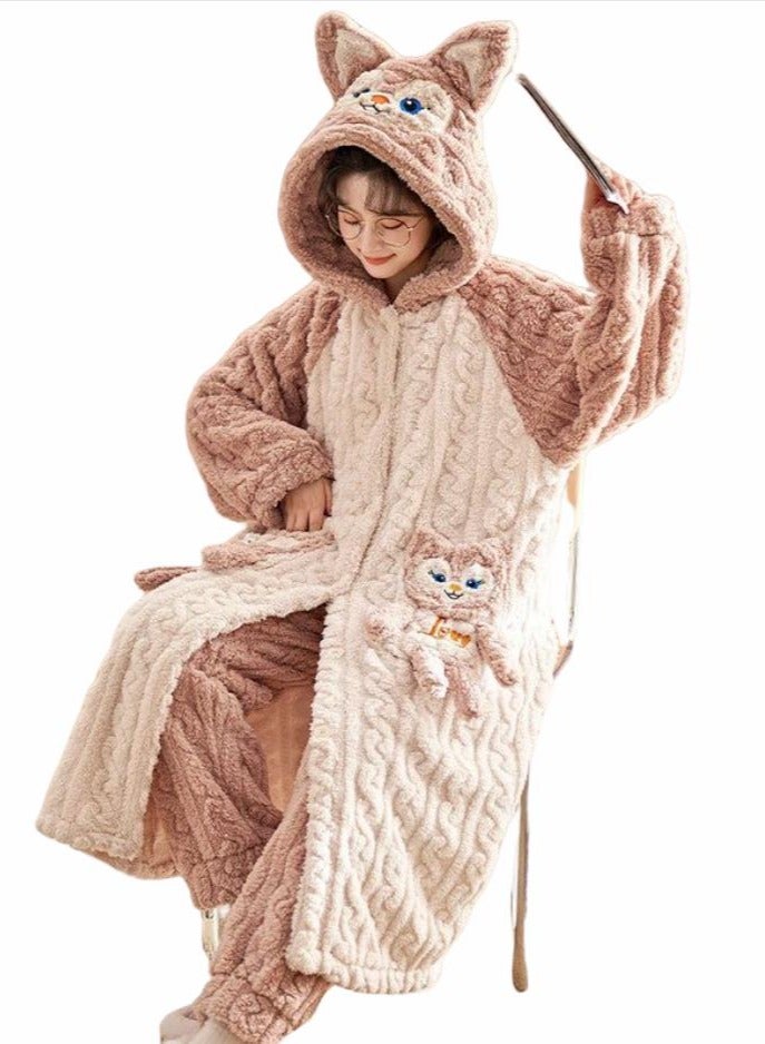 KUYING Velvet and Thickened Nightgown Cute Cartoon Home Fur Set