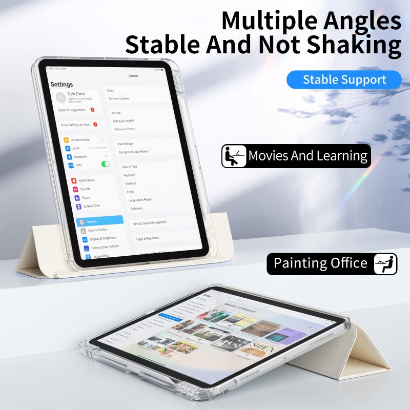 KENKE Hybrid Case for iPad Air 11 Inch M3 2025/M2 2024, iPad Air 5th/4th Generation 2022/2020 10.9 Inch with Pencil Holder, 2 in 1 Detachable Sliding Cover with Hard PC Clear Back Shell, Cream White - Image 4
