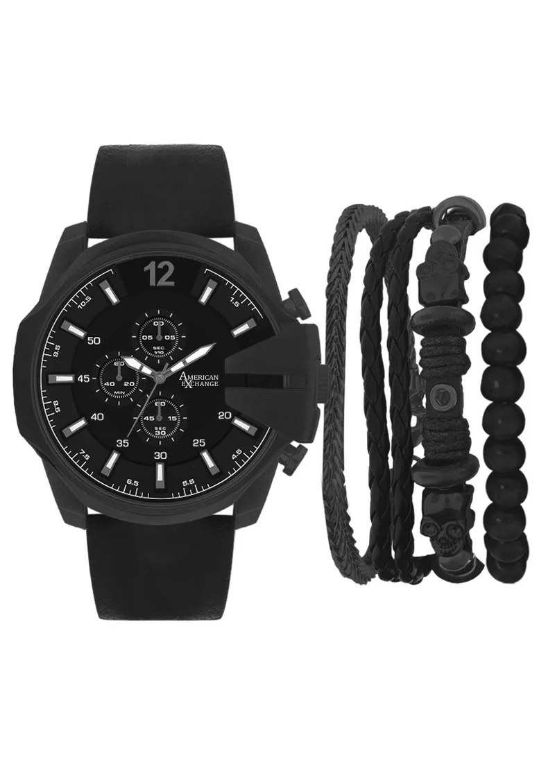 American Exchange American Exchange Mens Black/Black Stackable Watch and Bracelet with PU Leather Strap, 5475U-42-G02