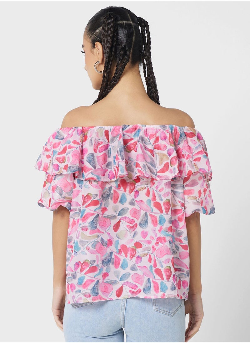 Ginger - Ruffle Neck Printed Top - Image 1