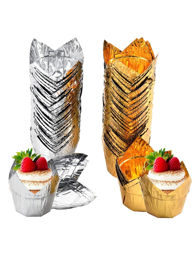 SYOSI Baking Paper Cups, 100 Pcs Cupcake Molds, Muffin Cases, Tulip Baking Cups, Muffin Liners, for Medium Large Cupcakes Mini Cake Party Birthday (Silver + Gold) - Image 1