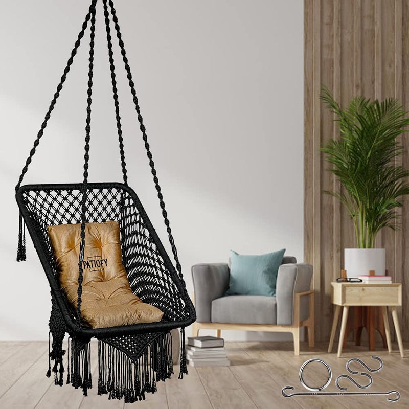 Patiofy Made in India Premium Square Shape Hammock Hanging Cotton Swing Chair with Cushion Accessories for Indoor and Outdoor150Kg CapacitySwing with Large Golden Cushionfor Kids AdultsBlack