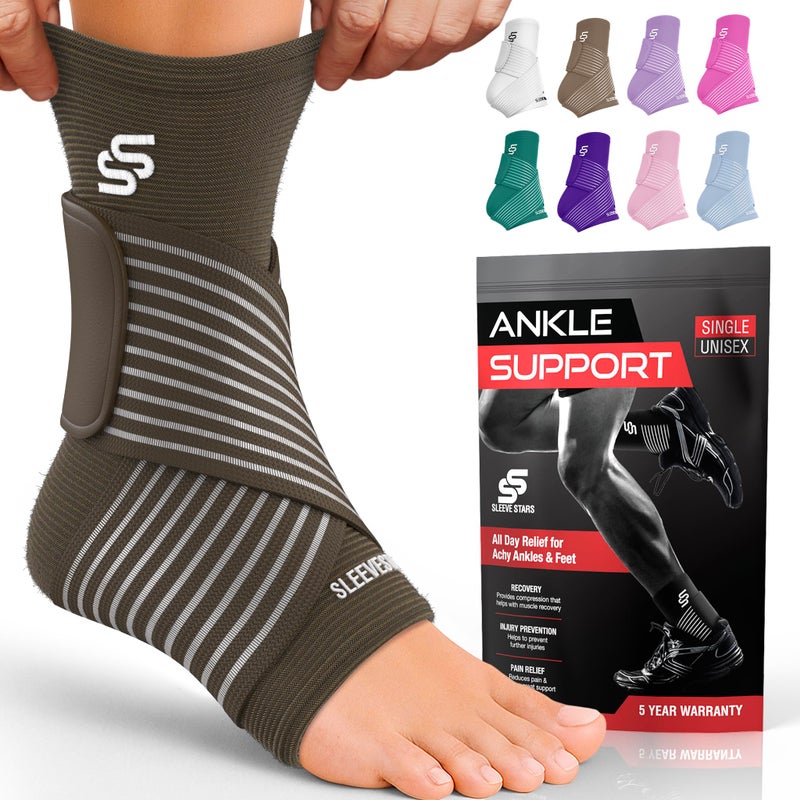SS SLEEVE STARS Sleeve Stars Ankle Brace for Women Men Ankle Wrap for Sprain Compression Sleeve for Plantar Fasciitis Relief Easy Customizable Support w Removable Strap SingleM1012Dark Brown 