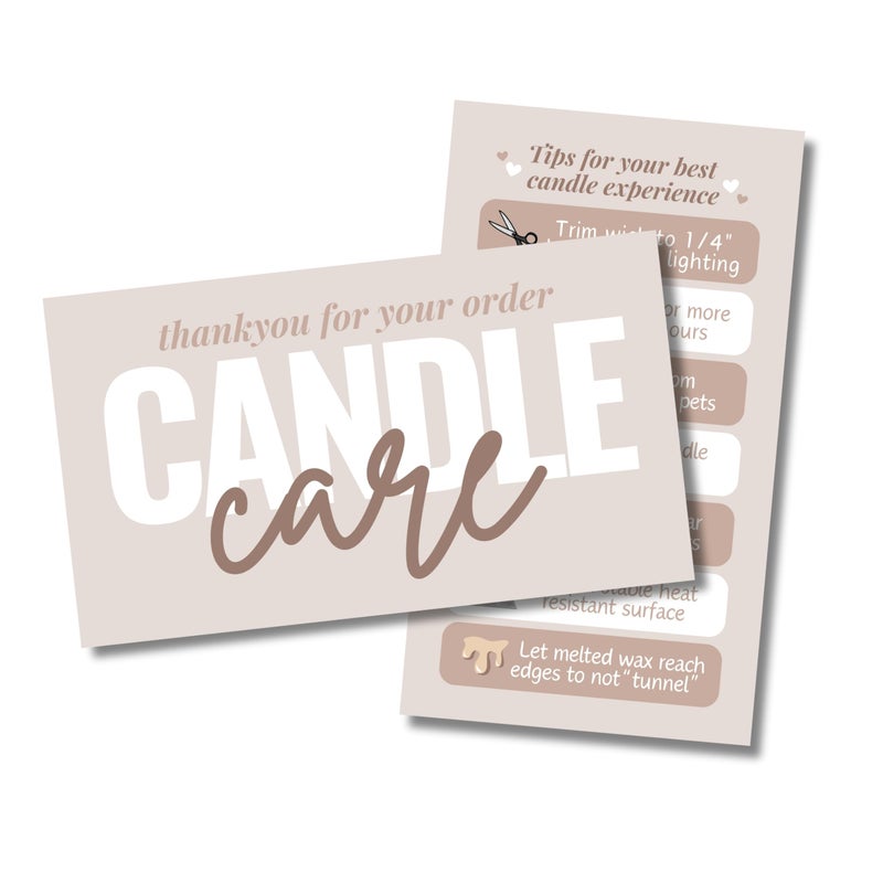 Tats4now Cute Modern Candle Care Cards for candle makers - 2 x 3.5 Inches, High gloss full color front and back - 55 pack - Business Card Size (Tan) - Image 5