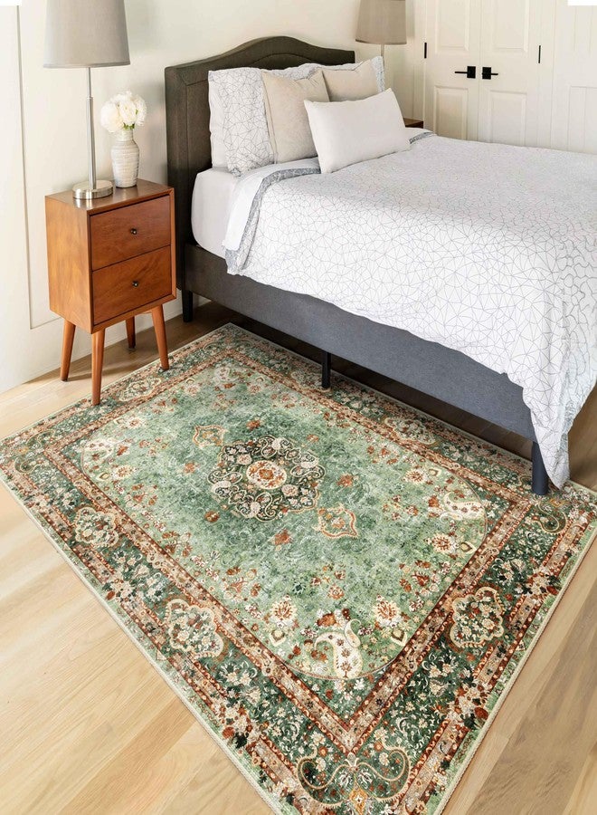 Castage Green Rug 3x5,Washable Area Rugs for Bedroom Living Room Kitchen Entryway,Small Boho Vintage Bohemian Distressed Oriental Non Slip Carpet - Image 3
