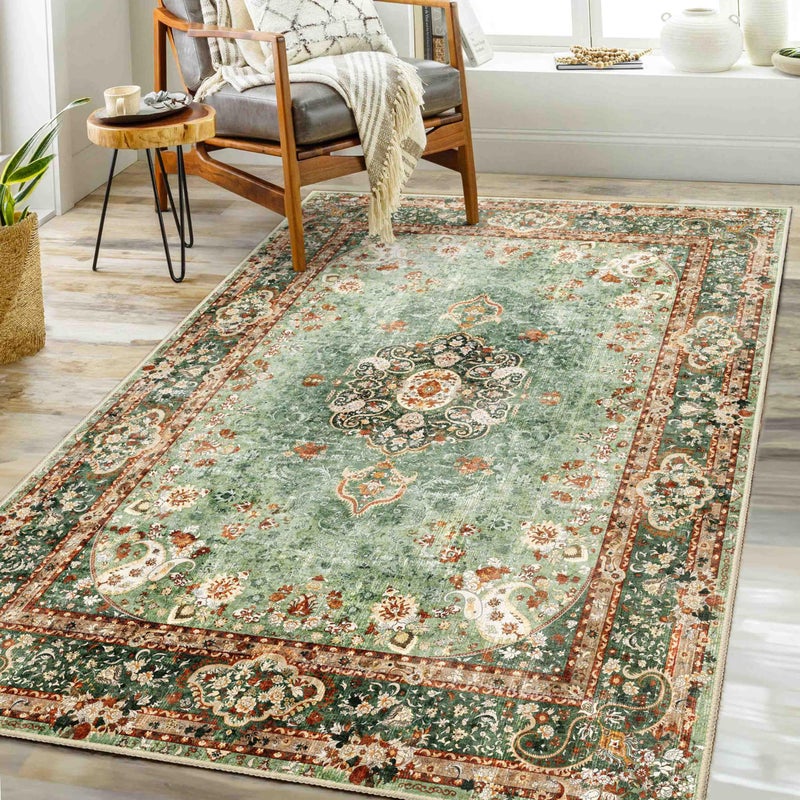 Castage Green Rug 3x5,Washable Area Rugs for Bedroom Living Room Kitchen Entryway,Small Boho Vintage Bohemian Distressed Oriental Non Slip Carpet - Image 1