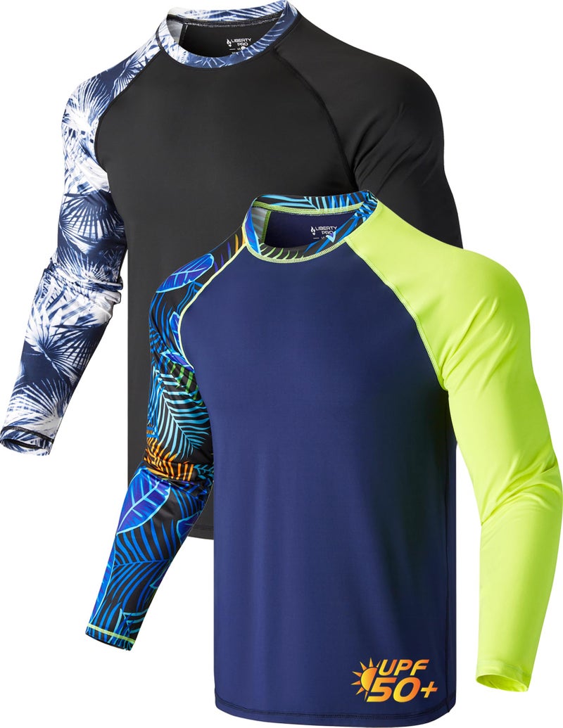 Liberty Pro 2Pack Mens UV Long Sleeve Swim Shirts Loose Fit Rash Guards Contrast Sleeves NavyBlack Small