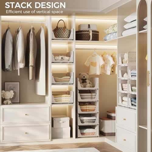 HOMIFLY Set of 3 Large Foldable Cloth Storage Organizer/Stackable Wardrobe Organizer For Clothes/Multipurpose Sliding Basket/Rack Organiser for Storage/Shirt Stacker Box (44 x 33 x 54 cm, White) - Image 4