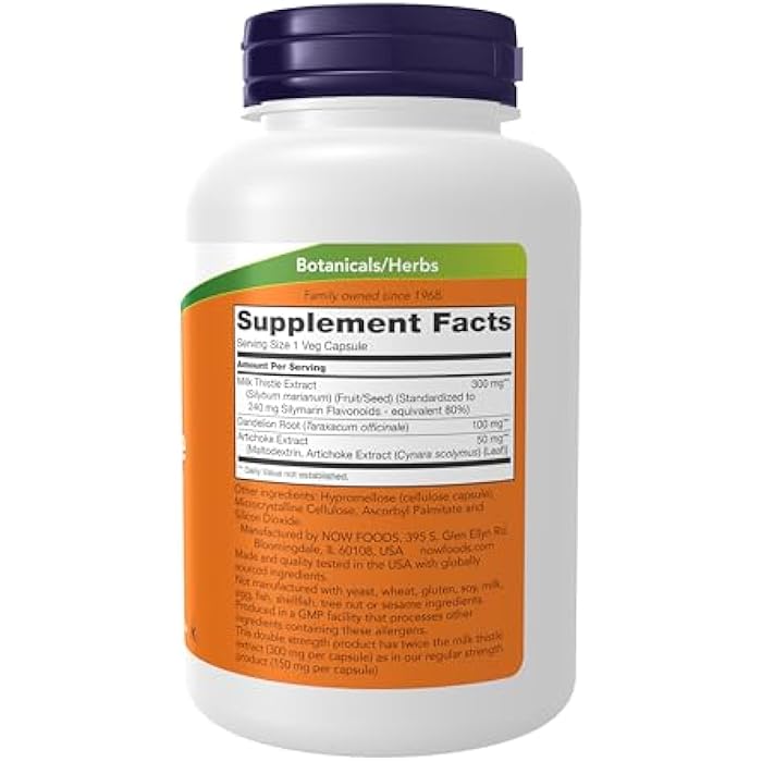 NOW Foods 2 Pack Silymarin, Milk Thistle Extract with Artichoke & Dandelion, Double Strength, 300 mg, 200 Veg Caps - Image 2