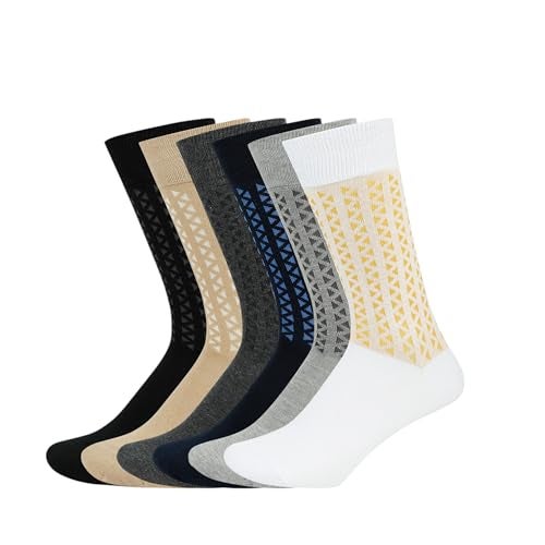 BALENZIA SocksXpress Men’s Motif Cotton Crew Socks |Pack of 6 |Black, Beige, Navy, Dark Grey, Light Grey, White|Calf-Length Premium Combed Cotton|Comfort Cuff, Reinforced Heel & Toe|Formal Wear - Image 1