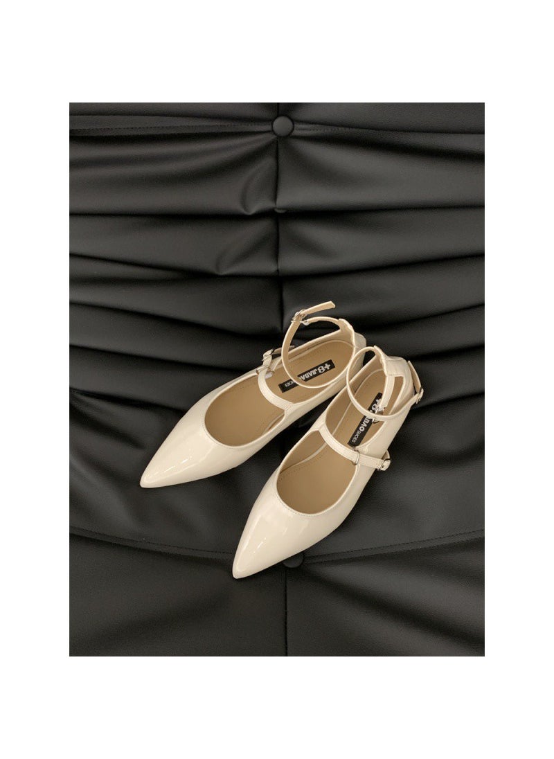 Generic - Elegant Tweed Style Womens Flat Shoes Pointed Mouth Single Shoe 2024 New Commuting Marys Shoes With One-Row Button Creamy-white - Image 1