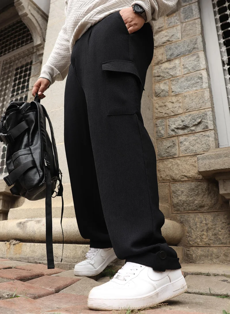 Instafab Plus Instafab Plus Men Cargo Tailored Trousers | Mid-Rise , Side-Elasticated Stretch | Button Closure , Cuffed Hem | Solid Crushed | Woven Fabric For Street & Casual Wear | Onyx Black