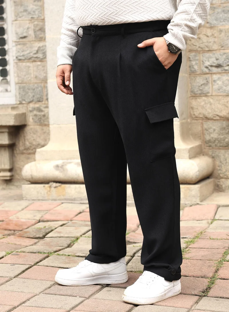 انستافاب بلس Instafab Plus Men Cargo Tailored Trousers | Mid-Rise , Side-Elasticated Stretch | Button Closure , Cuffed Hem | Solid Crushed | Woven Fabric For Street & Casual Wear | Onyx Black
