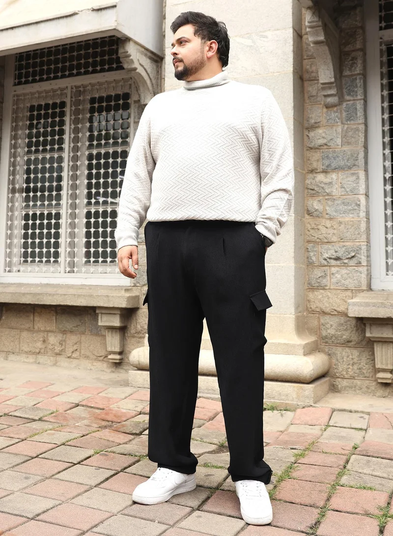 انستافاب بلس Instafab Plus Men Cargo Tailored Trousers | Mid-Rise , Side-Elasticated Stretch | Button Closure , Cuffed Hem | Solid Crushed | Woven Fabric For Street & Casual Wear | Onyx Black