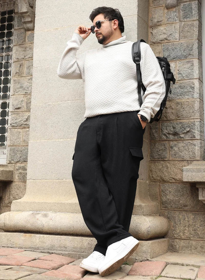 انستافاب بلس Instafab Plus Men Cargo Tailored Trousers | Mid-Rise , Side-Elasticated Stretch | Button Closure , Cuffed Hem | Solid Crushed | Woven Fabric For Street & Casual Wear | Onyx Black