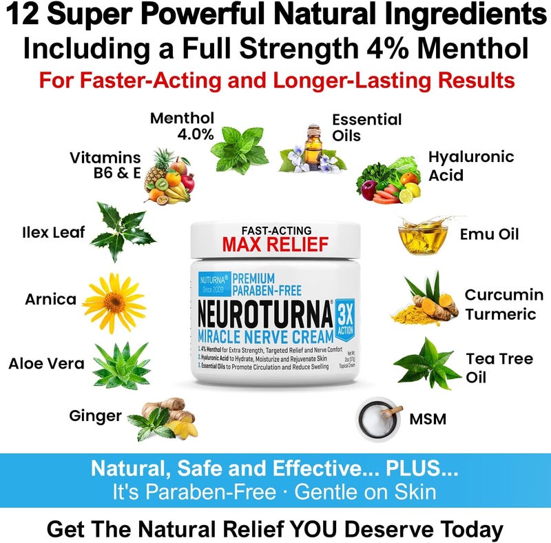 Nuturna Neuropathy Nerve Relief Cream - Premium Nerve Cream 3X Action for Targeted Relief and Soothing Nerve Comfort - Maximum Strength with 4% Menthol, MSM for Feet Hands Legs Toes & Back - Extra Large 6 Oz - Image 5