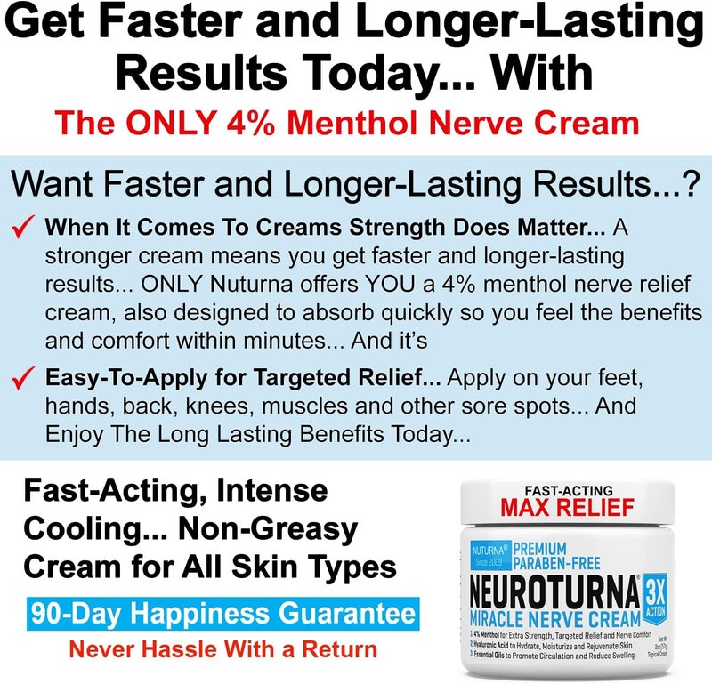 Nuturna Neuropathy Nerve Relief Cream - Premium Nerve Cream 3X Action for Targeted Relief and Soothing Nerve Comfort - Maximum Strength with 4% Menthol, MSM for Feet Hands Legs Toes & Back - Extra Large 6 Oz - Image 3