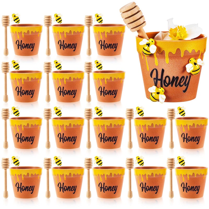 meekoo 16 Sets 16 Sets Mini Honey Bee Pots with Wooden Dippers Charms Honey Jars for Cupcake Planter Chocolate Chips bee Themed Baby Shower Favors Wedding Gifts for Guests - Image 1