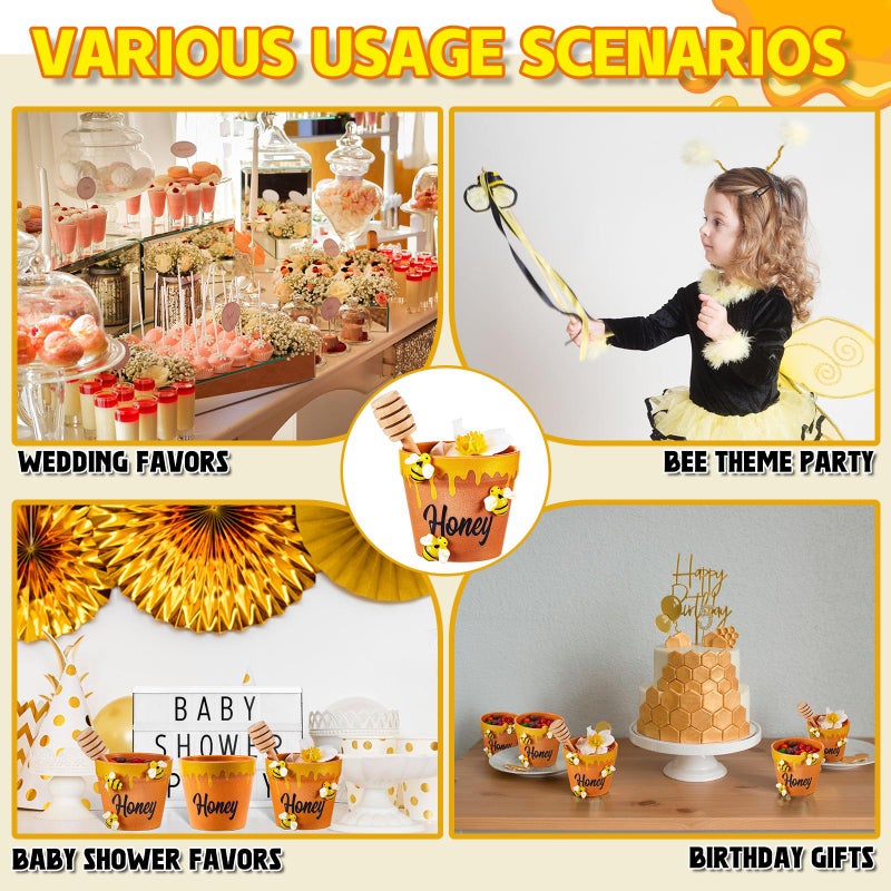 meekoo 16 Sets 16 Sets Mini Honey Bee Pots with Wooden Dippers Charms Honey Jars for Cupcake Planter Chocolate Chips bee Themed Baby Shower Favors Wedding Gifts for Guests - Image 3