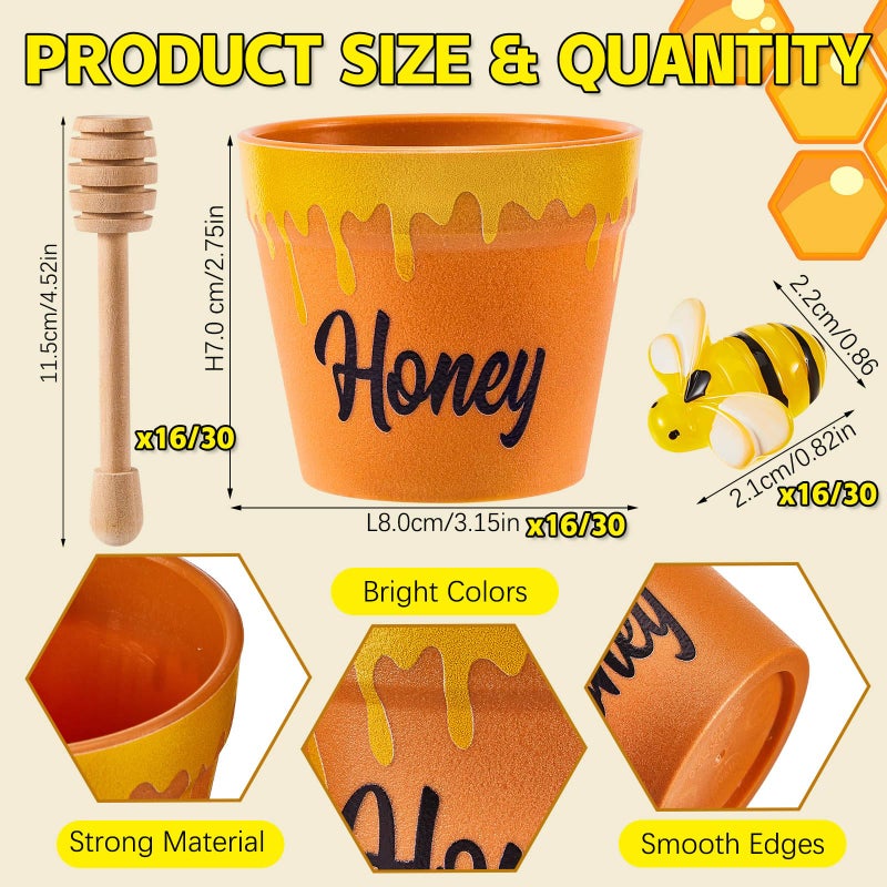 meekoo 16 Sets 16 Sets Mini Honey Bee Pots with Wooden Dippers Charms Honey Jars for Cupcake Planter Chocolate Chips bee Themed Baby Shower Favors Wedding Gifts for Guests - Image 2