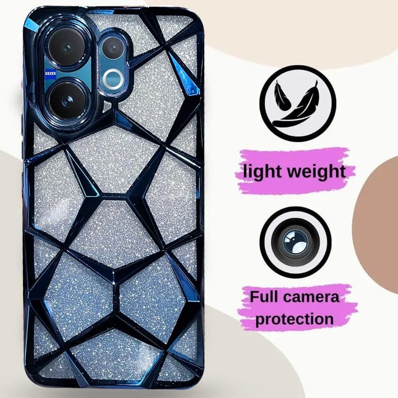 VONZEE Gradient Glitter Case for VIVO V60, Luxury Electroplated 3D Cube, Diamond Bling Shiny Soft TPU Clear Shockproof Women Girls Protective Phone Cover (Blue) - Image 2