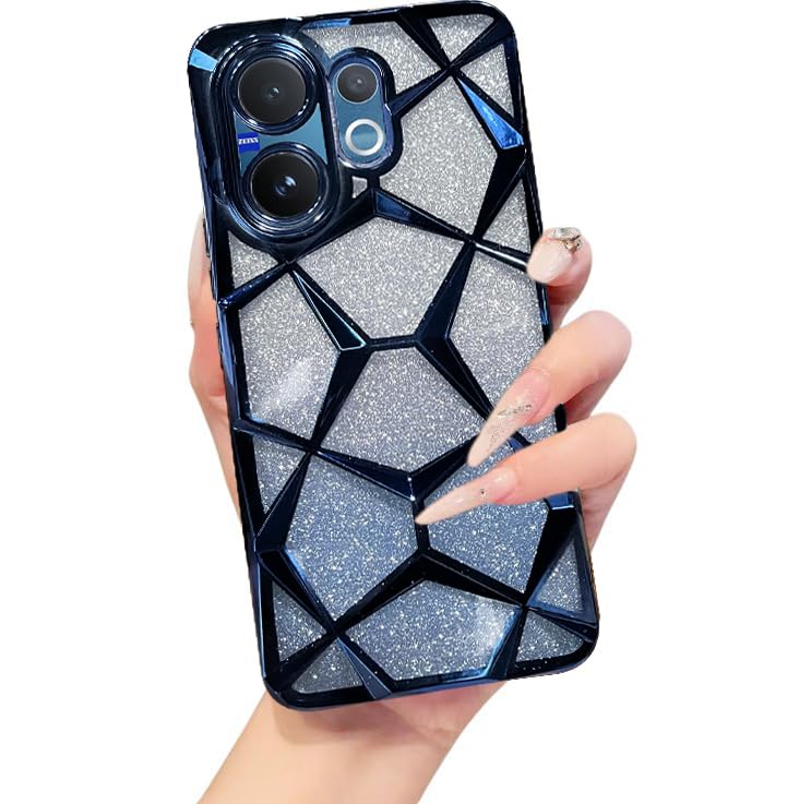VONZEE Gradient Glitter Case for VIVO V60, Luxury Electroplated 3D Cube, Diamond Bling Shiny Soft TPU Clear Shockproof Women Girls Protective Phone Cover (Blue) - Image 1