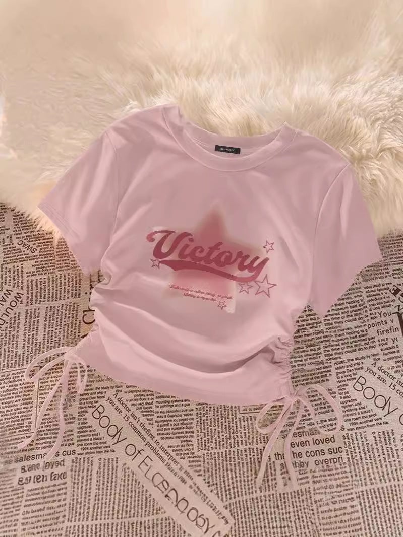 Dopamine Short Drawstring Short-Sleeved T-Shirt For Women Round Neck Print Design Niche Versatile Top - Image 2