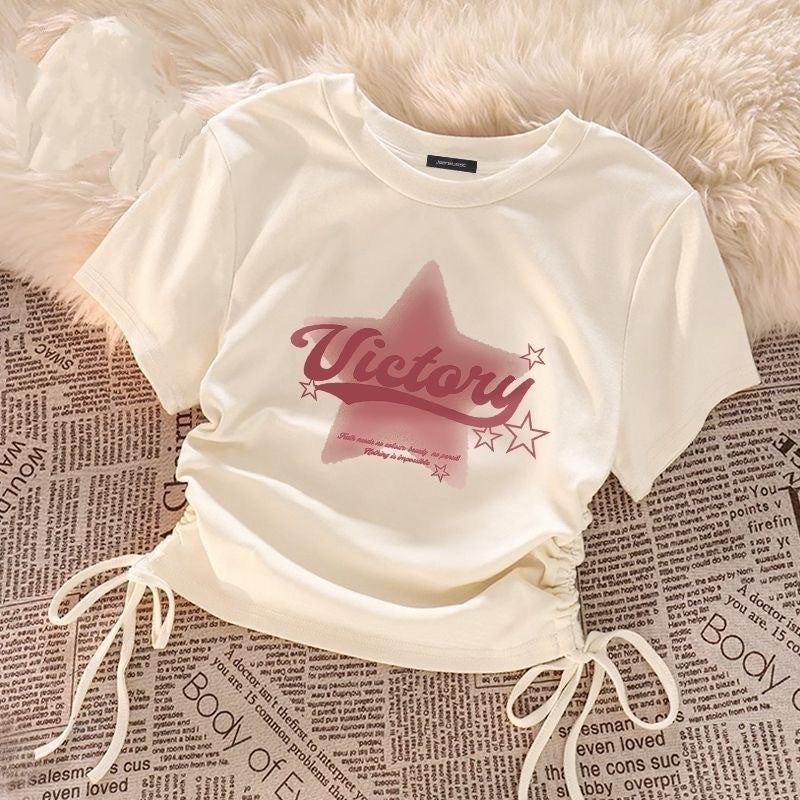 Dopamine Short Drawstring Short-Sleeved T-Shirt For Women Round Neck Print Design Niche Versatile Top - Image 1