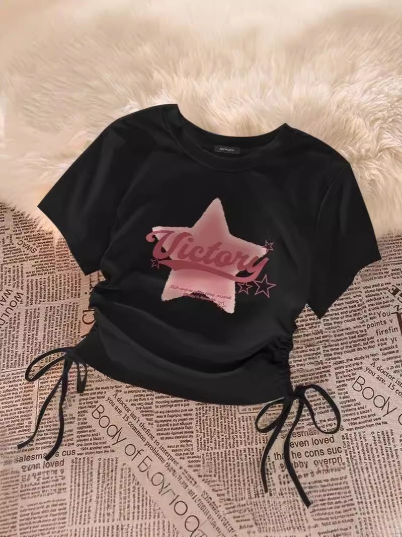 Dopamine Short Drawstring Short-Sleeved T-Shirt For Women Round Neck Print Design Niche Versatile Top - Image 4
