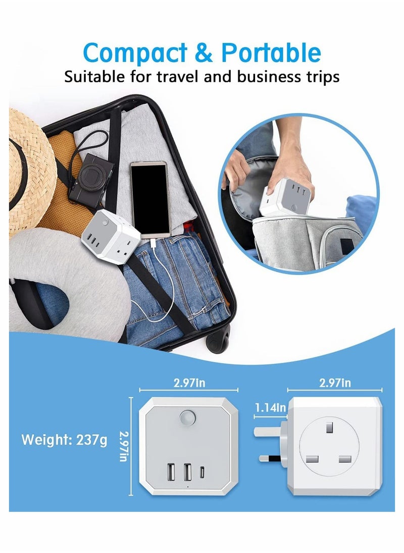 Excefore - Multi Plug Adapter with USB, Cube Extension Plug with 4 AC Outlets 2 USB and 1 Type-C Slots, UK Wall Socket, 13A Multi Plug Extension Socket Power Adapter for Home Office Kitchen, White - Image 1