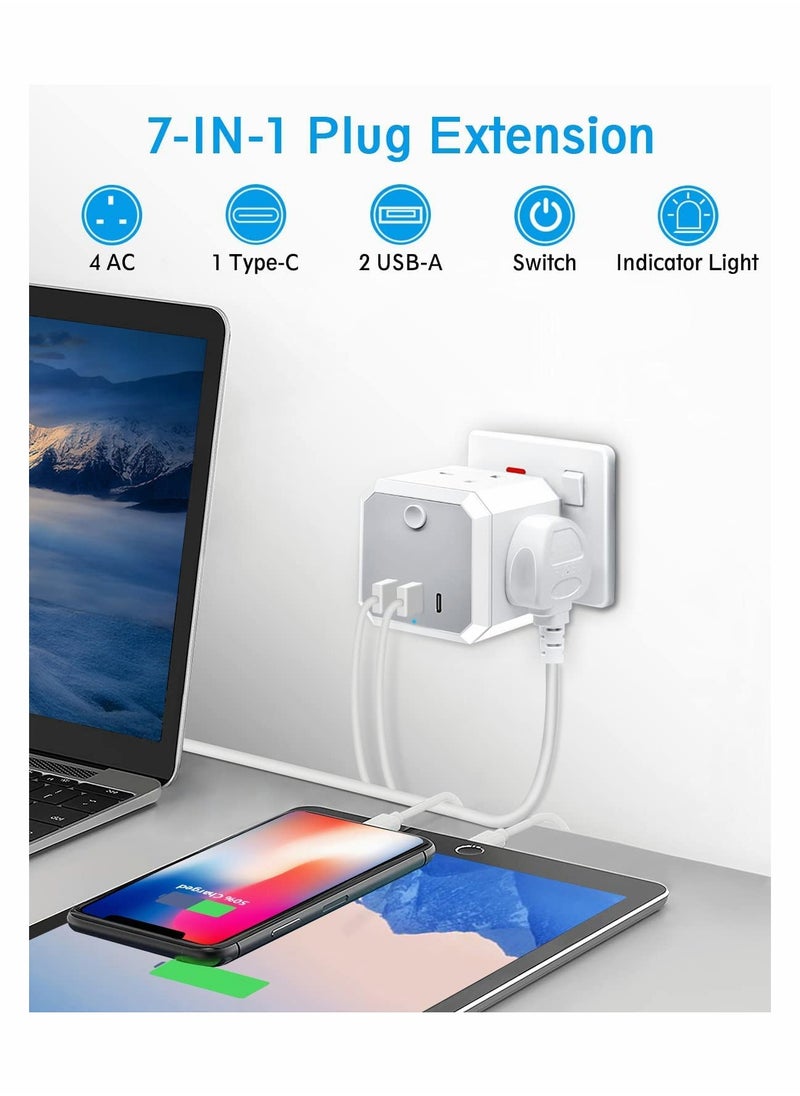 Excefore - Multi Plug Adapter with USB, Cube Extension Plug with 4 AC Outlets 2 USB and 1 Type-C Slots, UK Wall Socket, 13A Multi Plug Extension Socket Power Adapter for Home Office Kitchen, White - Image 1