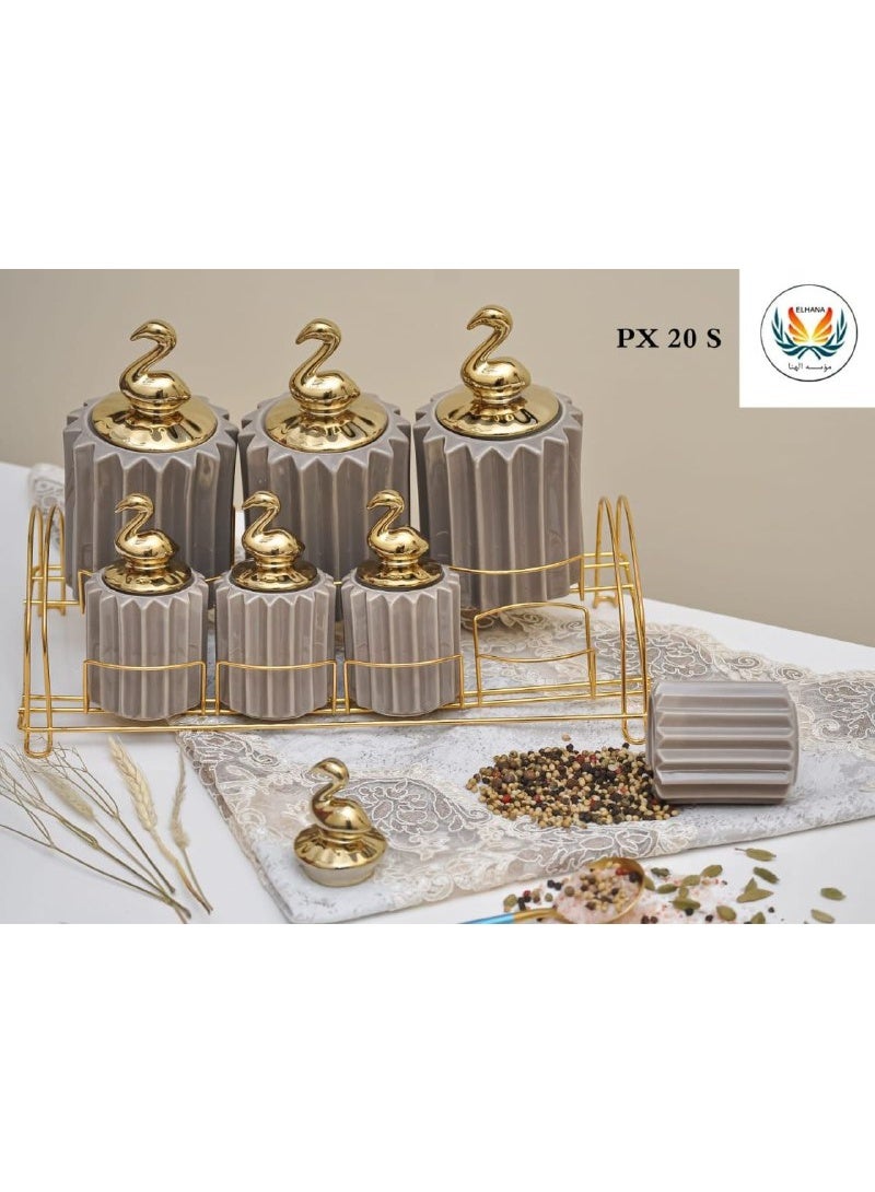 طقم توابل بورسلين 7 قطع علي حامل استيل مدهب  - Image 3