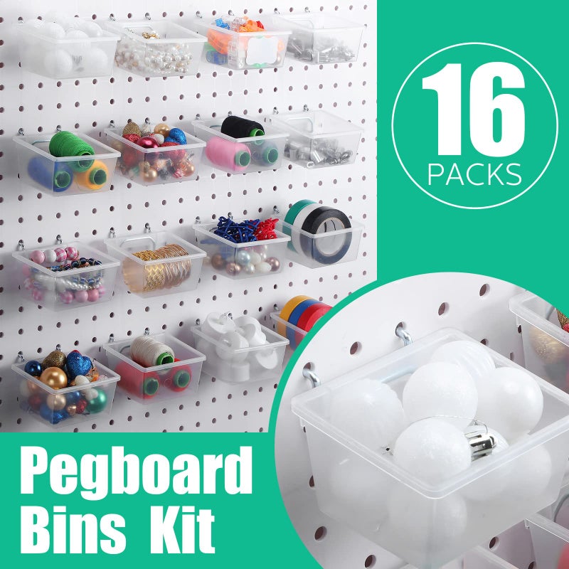 Unittype 16 Set Clear Peg Board Baskets and Bins Pegboard Baskets Organizer Accessories Peg Board Bins with Hooks Sticker Label and Pen for Office Wall Teacher Craft Supplies Garage Tool Storage - Image 2