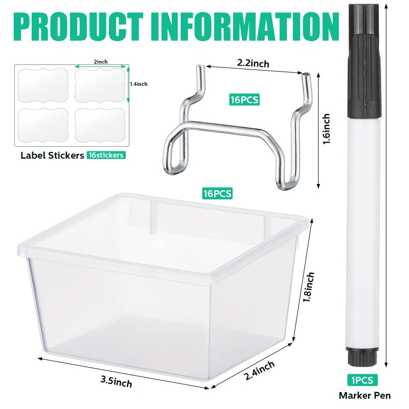 Unittype 16 Set Clear Peg Board Baskets and Bins Pegboard Baskets Organizer Accessories Peg Board Bins with Hooks Sticker Label and Pen for Office Wall Teacher Craft Supplies Garage Tool Storage - Image 3