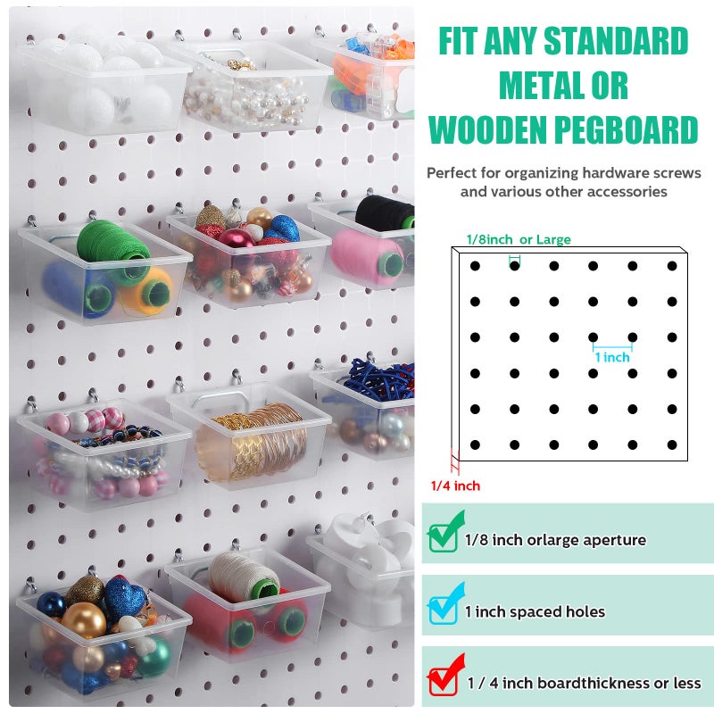 Unittype 16 Set Clear Peg Board Baskets and Bins Pegboard Baskets Organizer Accessories Peg Board Bins with Hooks Sticker Label and Pen for Office Wall Teacher Craft Supplies Garage Tool Storage - Image 4