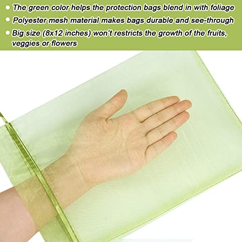 HRX Package 100pcs Fruit Protection Bags 8x12 inch, Green Netting Cover Bags Drawstring Mesh Fruit Protectors Pest Barrier for Grapes Mango Trees Veggies Garden - Image 4