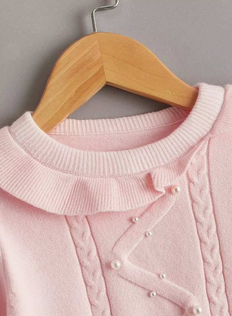 Toddler Girls Cable Knit Pearl Beaded Sweater  - Image 3