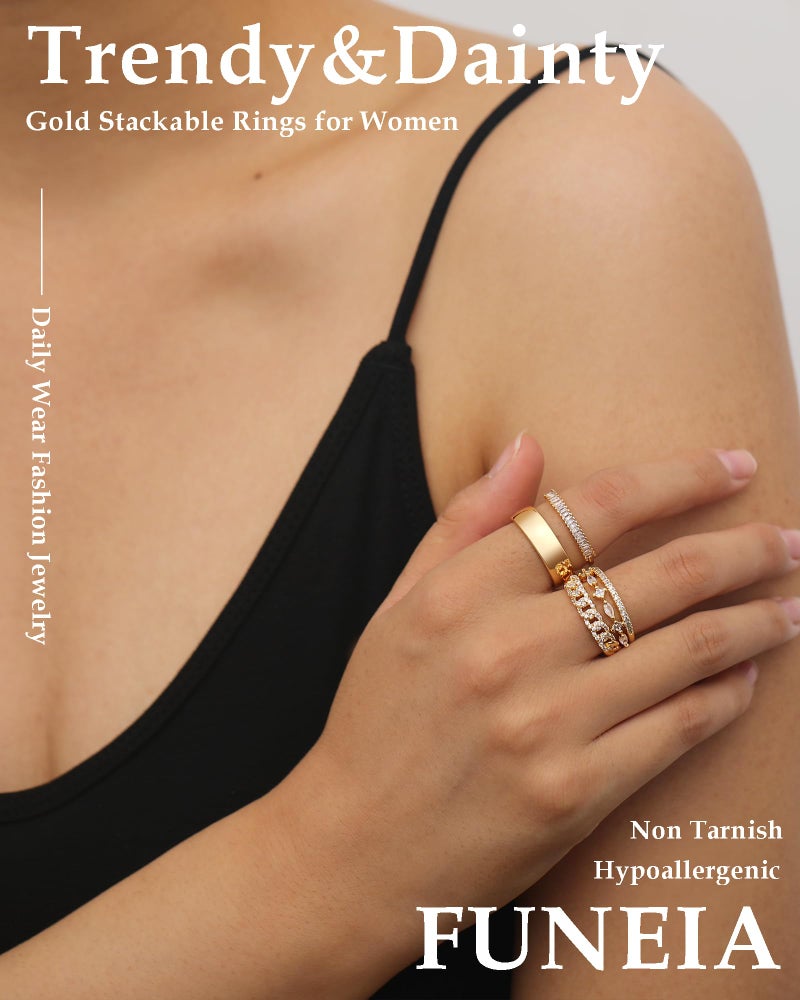 FUNEIA Stackable Gold Rings for Women Non Tarnish Trendy Dainty 14K Gold Plated Stacking Cubic Zirconia Thumb Ring Set Pack Statement Chunky Band Rings Promise Engagement Rings Size 7 8 9 10 11 - Image 2