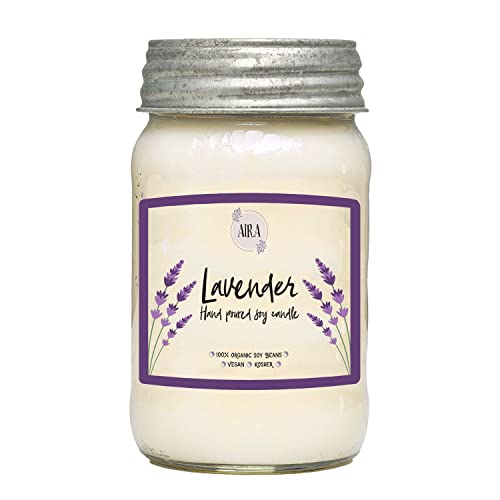 Aira Soy Candles - Organic, Kosher, Vegan, in Mason Jar w/Therapeutic Grade Essential Oil Blends - Hand-Poured 100% Soy Candle Wax - Paraffin Free, Burns 110+ Hours - Pure Lavender - 16 Ounces - Image 3