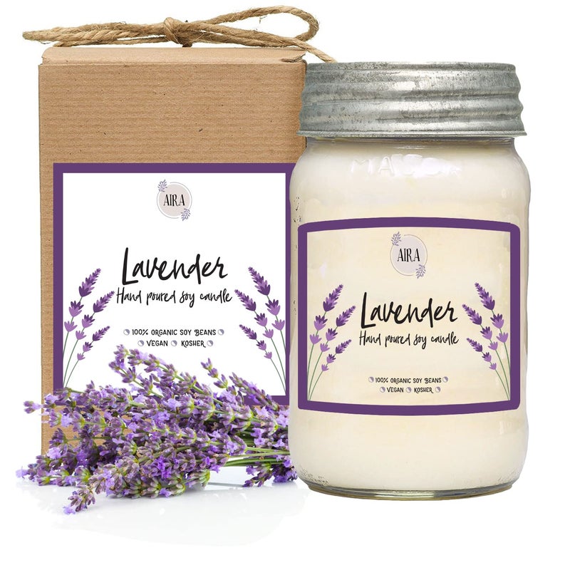 Aira Soy Candles - Organic, Kosher, Vegan, in Mason Jar w/Therapeutic Grade Essential Oil Blends - Hand-Poured 100% Soy Candle Wax - Paraffin Free, Burns 110+ Hours - Pure Lavender - 16 Ounces - Image 5