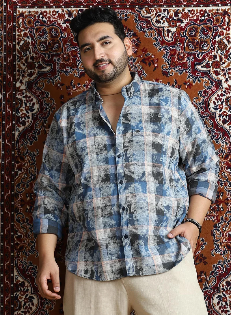 Instafab Plus Instafab Plus Men's Indigo Blue Faded-Plaid Regular Shirt For Casual Wear | Spread Collar | Long Cuffed Sleeves | Button Closure | Plus Size Shirt Crafted With Comfort Fit For Everyday Wear