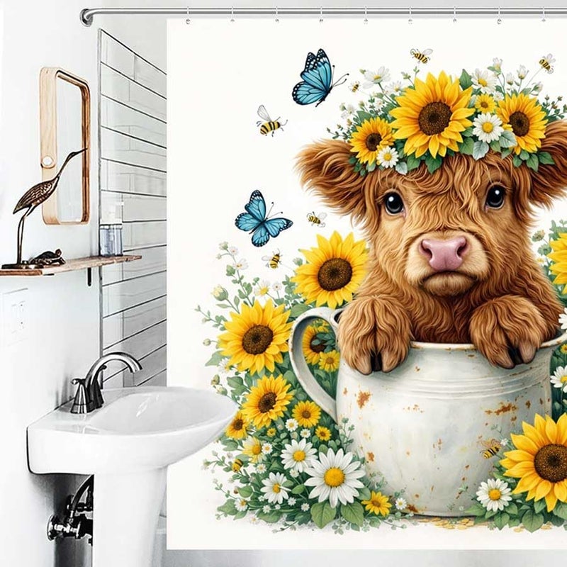 Calf in a Cup Surrounded by Flowers and butterfliesShower Curtain for Bathroom Waterproof Tan Shower Curtain with Hooks 71 inch x 71 inch - Image 4