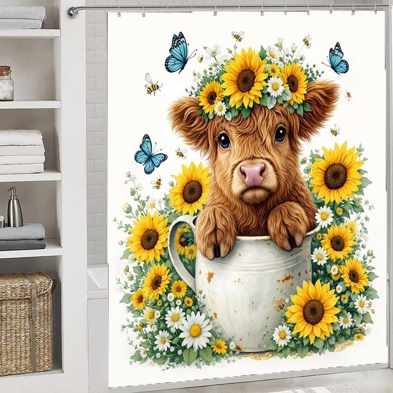 Calf in a Cup Surrounded by Flowers and butterfliesShower Curtain for Bathroom Waterproof Tan Shower Curtain with Hooks 71 inch x 71 inch - Image 2