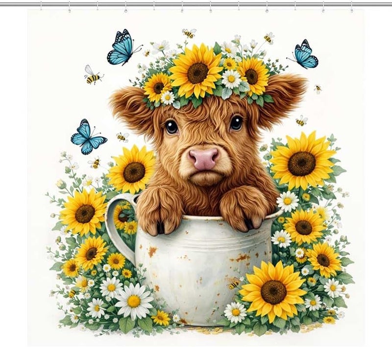 Calf in a Cup Surrounded by Flowers and butterfliesShower Curtain for Bathroom Waterproof Tan Shower Curtain with Hooks 71 inch x 71 inch - Image 1
