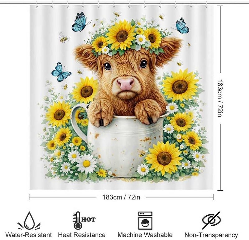 Calf in a Cup Surrounded by Flowers and butterfliesShower Curtain for Bathroom Waterproof Tan Shower Curtain with Hooks 71 inch x 71 inch - Image 3