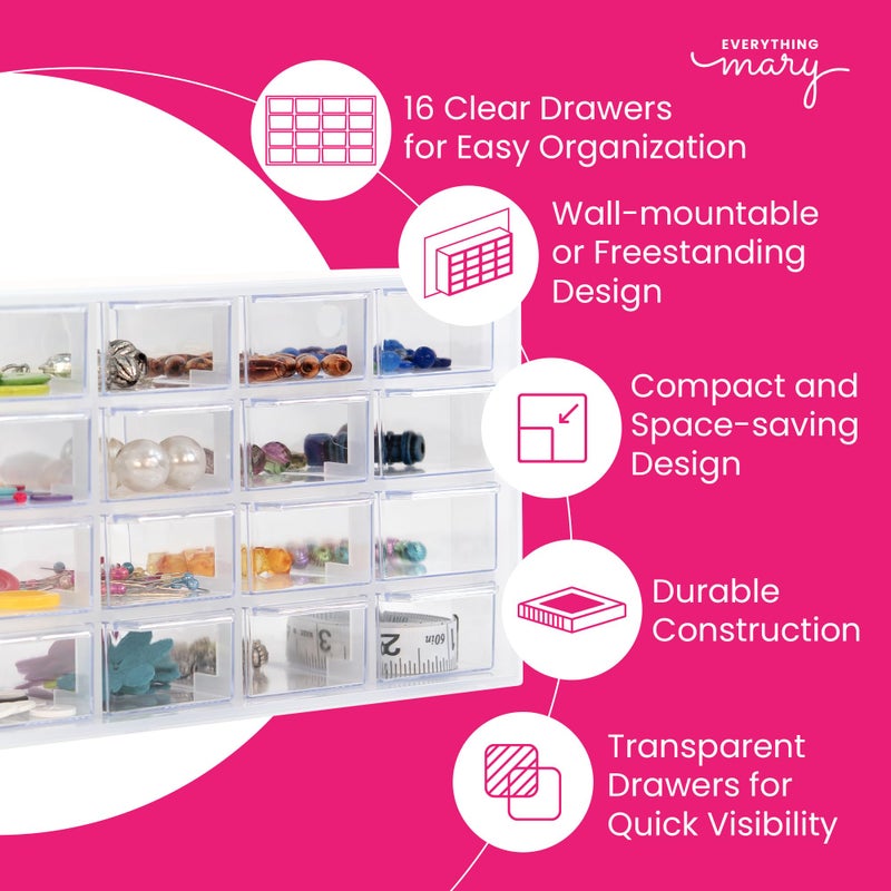 Everything Mary Clear Drawer Organizer â€“ 16 Drawer Craft Storage Cabinet for Beads, Jewelry, and Small Parts â€“ Plastic Storage Drawers for Desk, Sewing Room, or Workshop - Image 3